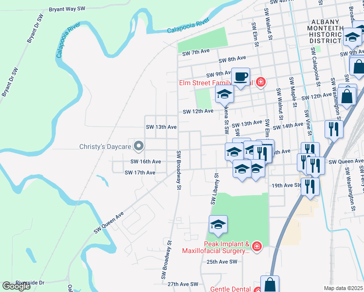 map of restaurants, bars, coffee shops, grocery stores, and more near 1429 Southwest Broadway Street in Albany