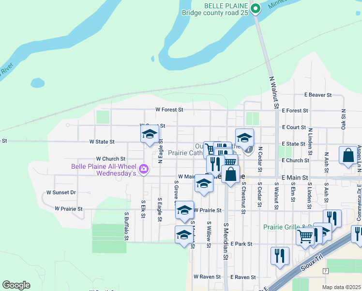 map of restaurants, bars, coffee shops, grocery stores, and more near 311 West State Street in Belle Plaine