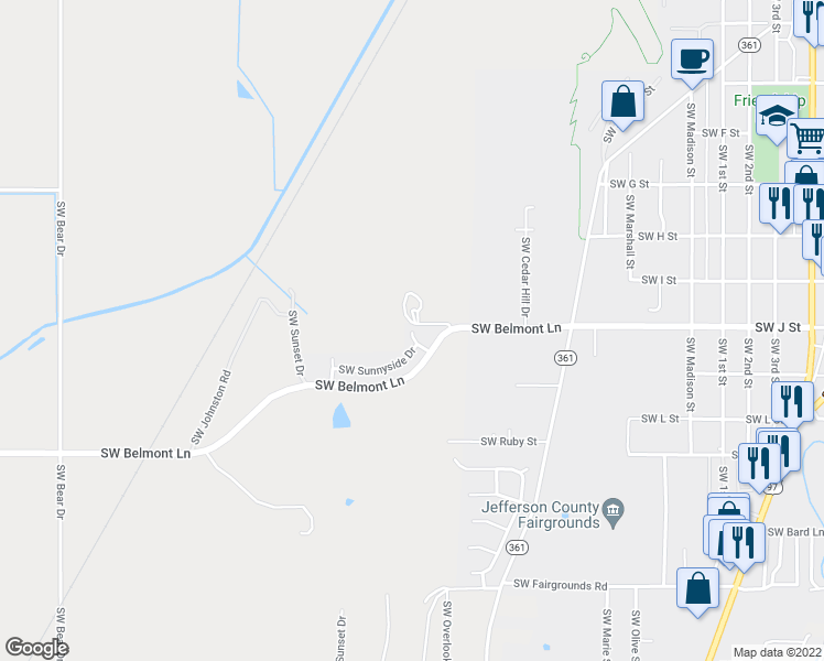 map of restaurants, bars, coffee shops, grocery stores, and more near 560 Southwest Sunrise Street in Madras