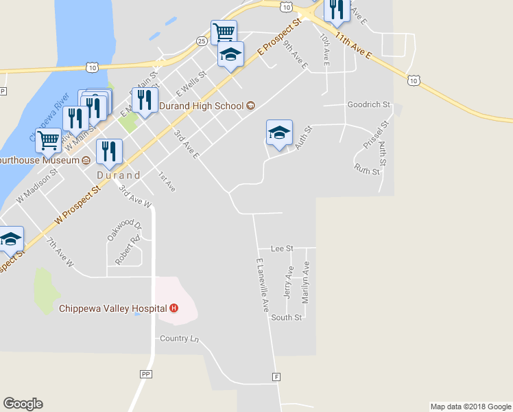 map of restaurants, bars, coffee shops, grocery stores, and more near 404 Drier Street in Durand