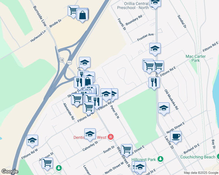 map of restaurants, bars, coffee shops, grocery stores, and more near 439 Jamieson Drive in Orillia