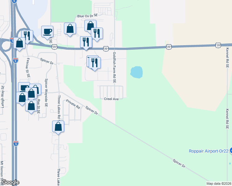map of restaurants, bars, coffee shops, grocery stores, and more near 3846 Goldfish Farm Road Southeast in Albany