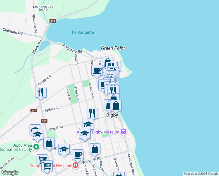 map of restaurants, bars, coffee shops, grocery stores, and more near 65 Water Street in Digby