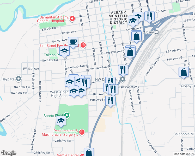 map of restaurants, bars, coffee shops, grocery stores, and more near 1515 Southwest Walnut Street in Albany