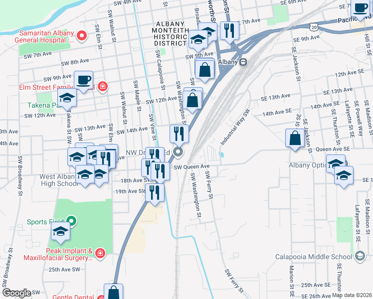 map of restaurants, bars, coffee shops, grocery stores, and more near 520 Pacific Boulevard Southwest in Albany