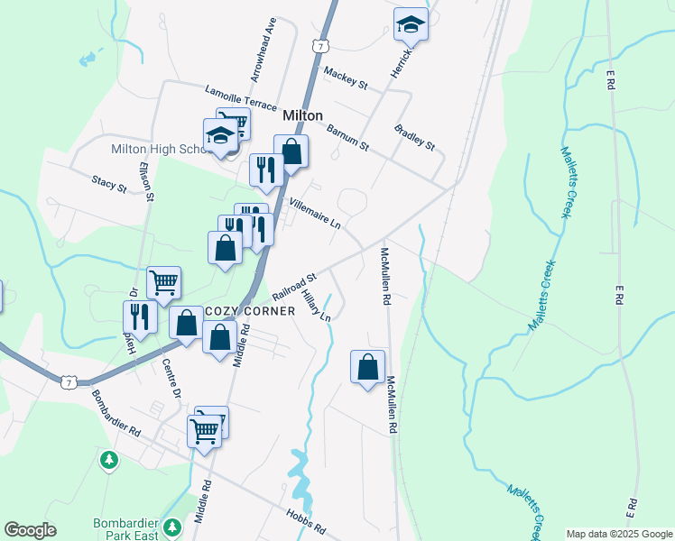 map of restaurants, bars, coffee shops, grocery stores, and more near 60 Hillary Lane in Milton