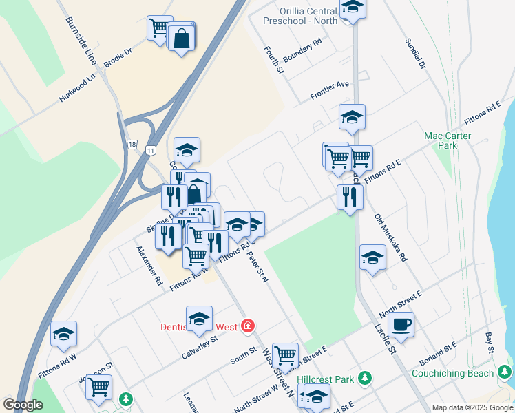 map of restaurants, bars, coffee shops, grocery stores, and more near 439 Jamieson Drive in Orillia