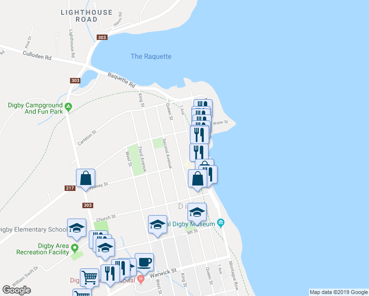 map of restaurants, bars, coffee shops, grocery stores, and more near 164 Queen Street in Digby