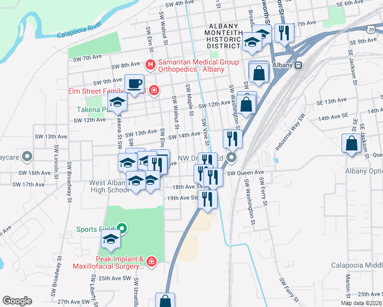 map of restaurants, bars, coffee shops, grocery stores, and more near 745 Southwest 16th Avenue in Albany