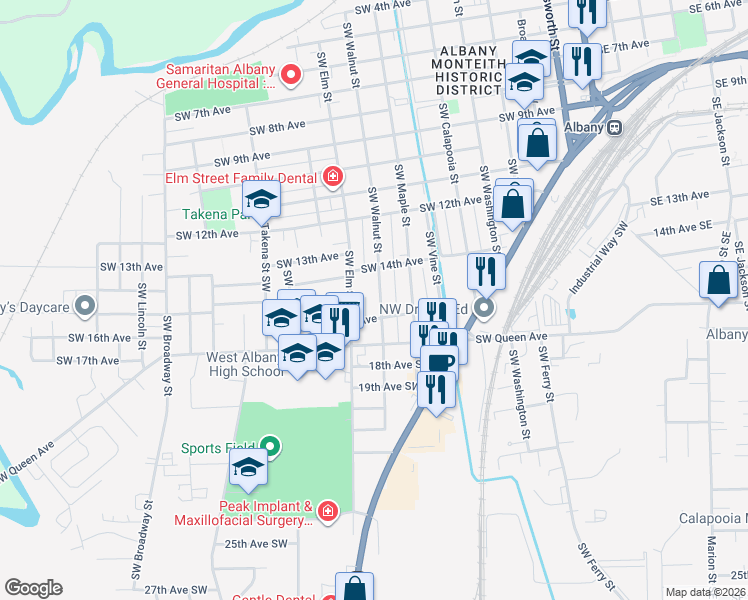 map of restaurants, bars, coffee shops, grocery stores, and more near 1515 Southwest Walnut Street in Albany