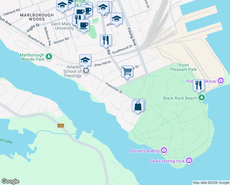 map of restaurants, bars, coffee shops, grocery stores, and more near 490 Francklyn Street in Halifax