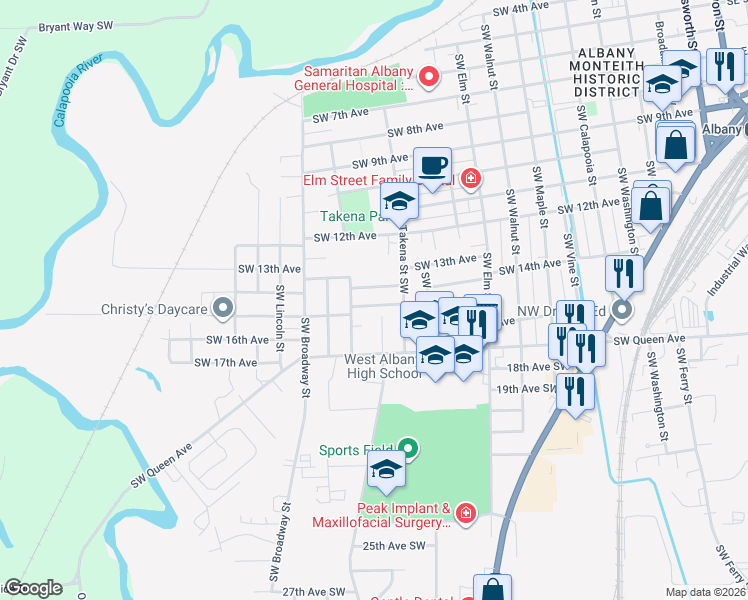 map of restaurants, bars, coffee shops, grocery stores, and more near 1226 Southwest 15th Avenue in Albany