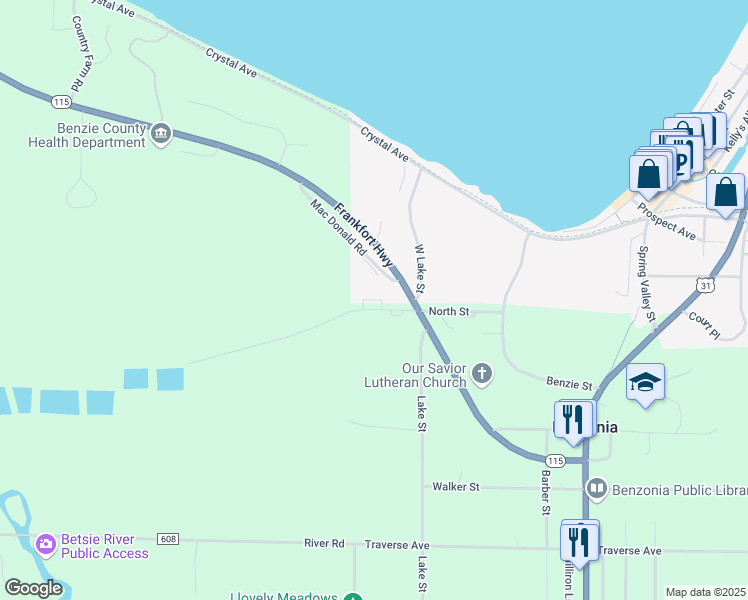map of restaurants, bars, coffee shops, grocery stores, and more near 6540 North Street in Benzonia