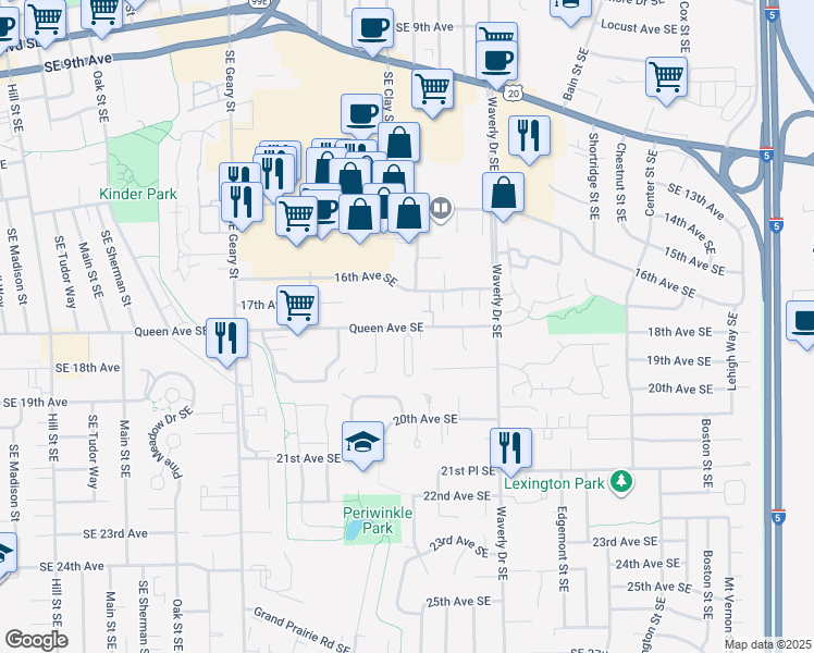 map of restaurants, bars, coffee shops, grocery stores, and more near 2381 Queen Avenue Southeast in Albany