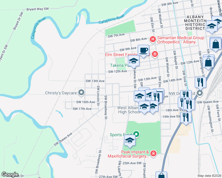 map of restaurants, bars, coffee shops, grocery stores, and more near 1429 Southwest Broadway Street in Albany