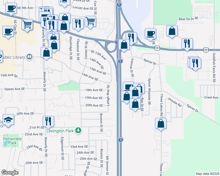 map of restaurants, bars, coffee shops, grocery stores, and more near 3320 18th Place Southeast in Albany