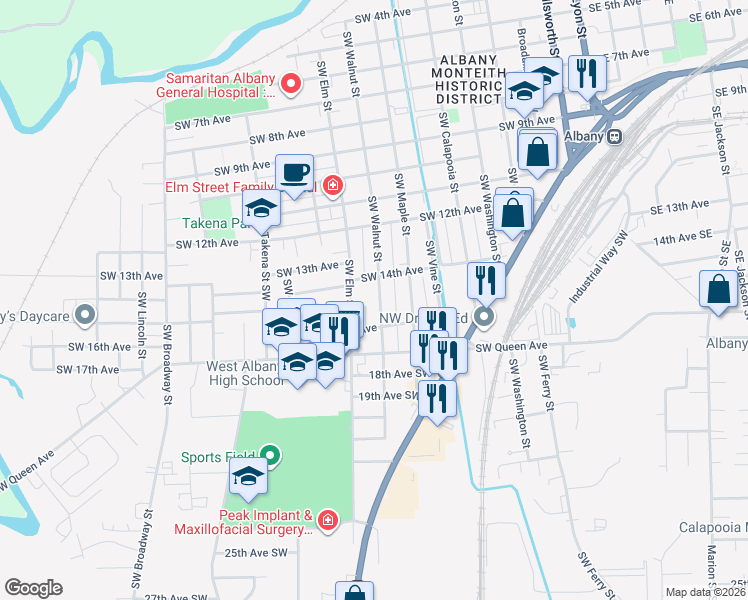 map of restaurants, bars, coffee shops, grocery stores, and more near 1515 Southwest Walnut Street in Albany