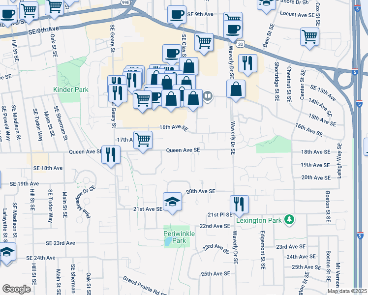 map of restaurants, bars, coffee shops, grocery stores, and more near 2311 Queen Avenue Southeast in Albany
