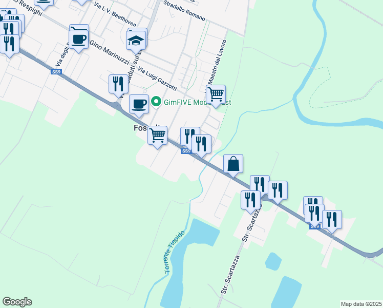 map of restaurants, bars, coffee shops, grocery stores, and more near 1326 Via Emilia Est in Modena