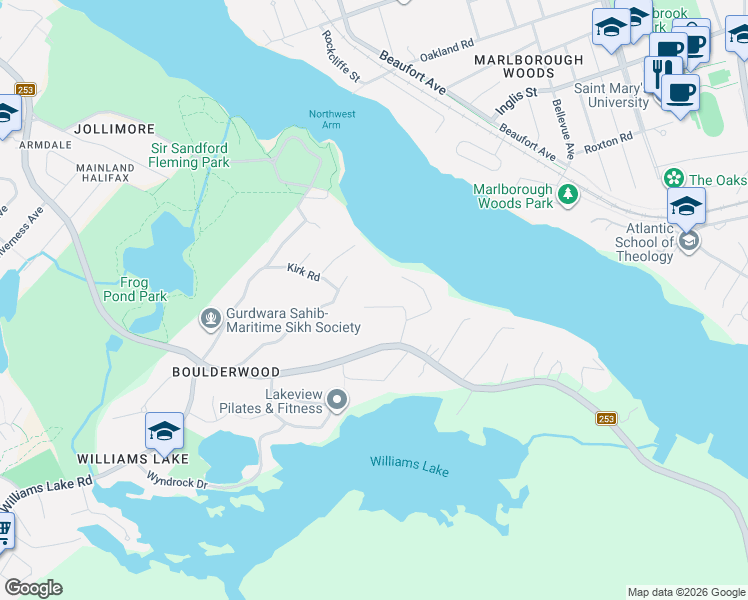 map of restaurants, bars, coffee shops, grocery stores, and more near 69 Hearthwood Crescent in Halifax
