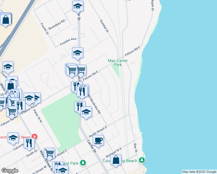 map of restaurants, bars, coffee shops, grocery stores, and more near Harmon Road in Orillia