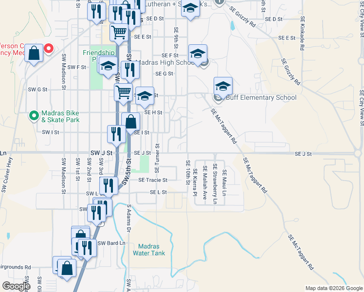 map of restaurants, bars, coffee shops, grocery stores, and more near 215 Southeast J Street in Madras