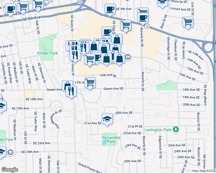 map of restaurants, bars, coffee shops, grocery stores, and more near 2120 Queen Avenue Southeast in Albany