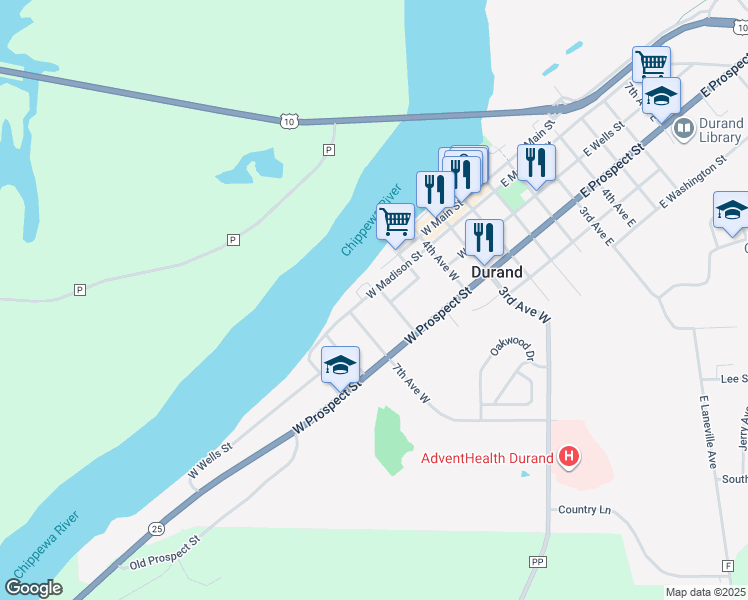 map of restaurants, bars, coffee shops, grocery stores, and more near 409 6th Avenue West in Durand