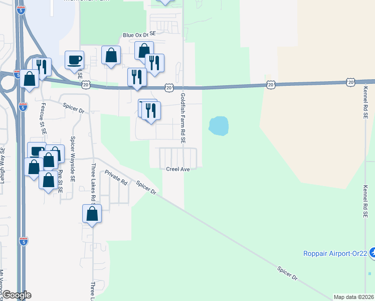 map of restaurants, bars, coffee shops, grocery stores, and more near 3834 Goldfish Farm Road Southeast in Albany