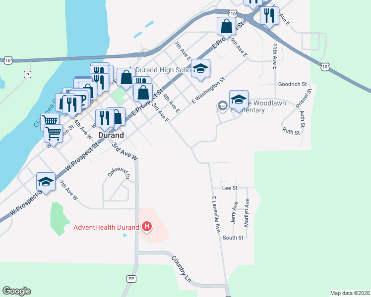map of restaurants, bars, coffee shops, grocery stores, and more near 825 3rd Avenue East in Durand