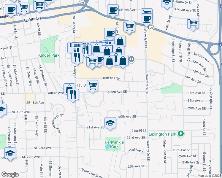 map of restaurants, bars, coffee shops, grocery stores, and more near 2120 Queen Avenue Southeast in Albany