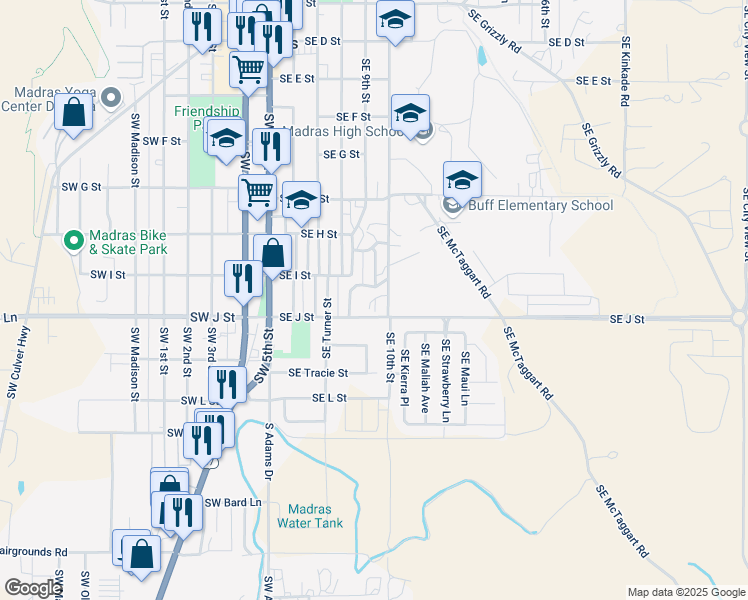 map of restaurants, bars, coffee shops, grocery stores, and more near 215 Southeast J Street in Madras