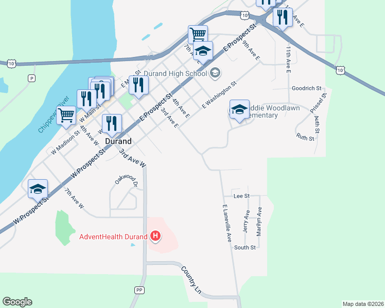 map of restaurants, bars, coffee shops, grocery stores, and more near 825 3rd Avenue East in Durand