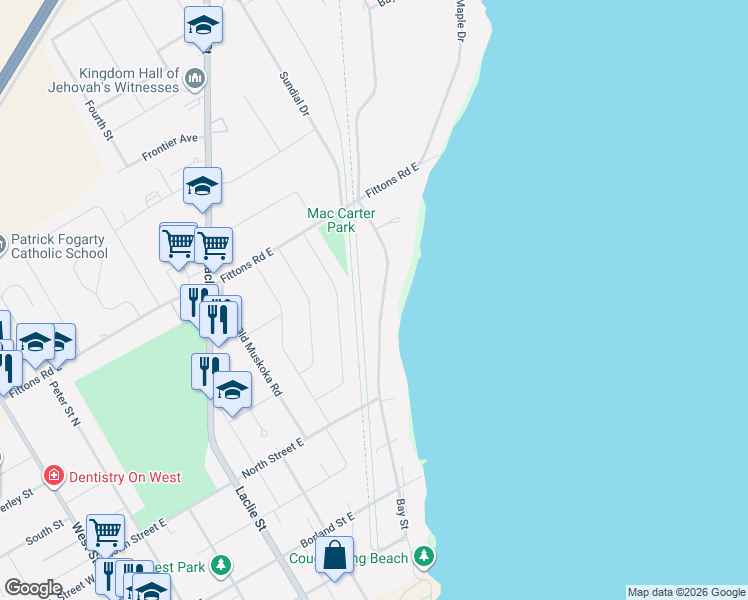 map of restaurants, bars, coffee shops, grocery stores, and more near 403 Bay Street in Orillia