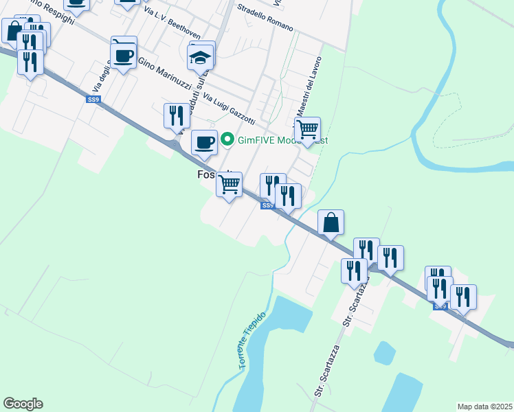 map of restaurants, bars, coffee shops, grocery stores, and more near 1326 Via Emilia Est in Modena