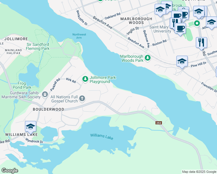 map of restaurants, bars, coffee shops, grocery stores, and more near 47 Boscobel Road in Halifax