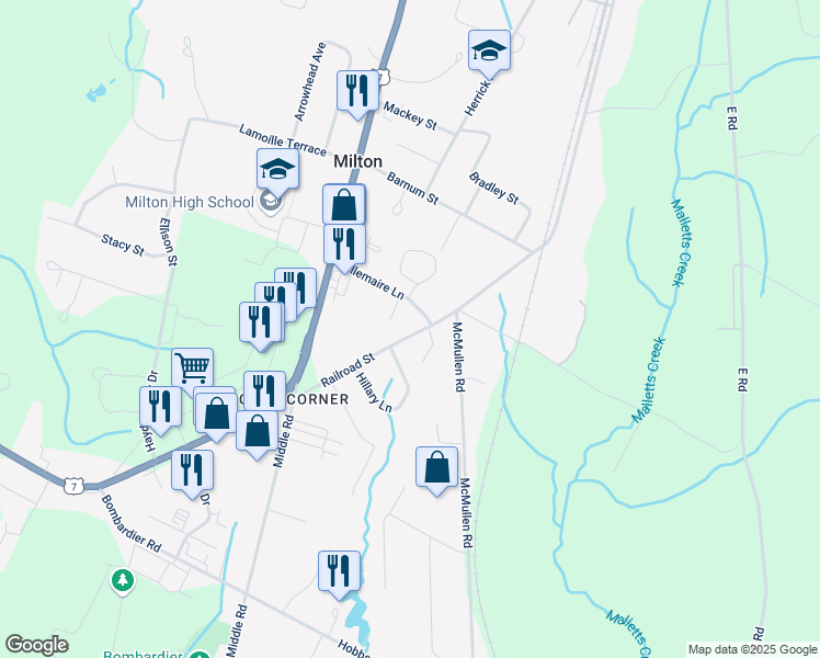 map of restaurants, bars, coffee shops, grocery stores, and more near 60 Hillary Lane in Milton