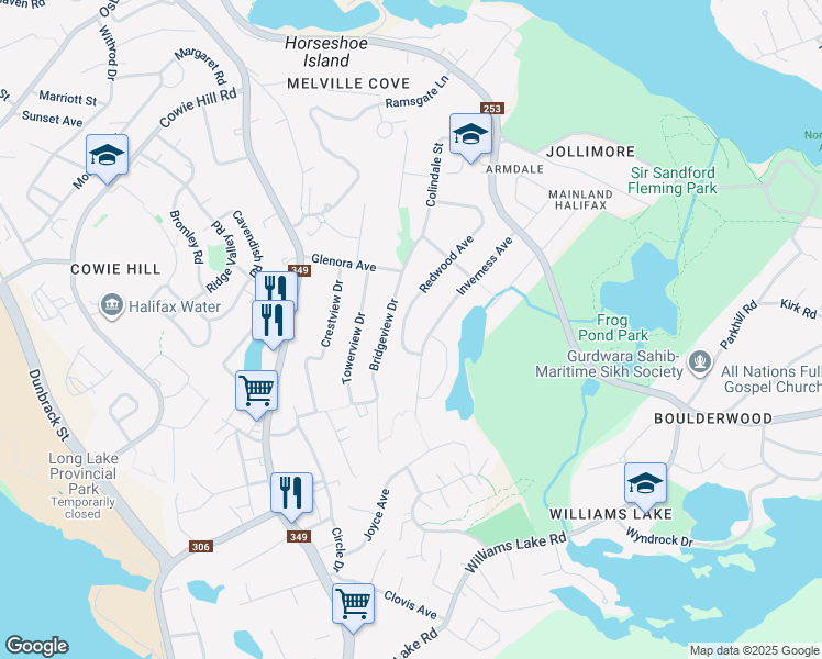 map of restaurants, bars, coffee shops, grocery stores, and more near 50 Redwood Avenue in Halifax