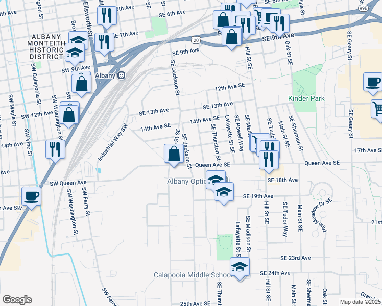 map of restaurants, bars, coffee shops, grocery stores, and more near 1530 Southeast Jackson Street in Albany