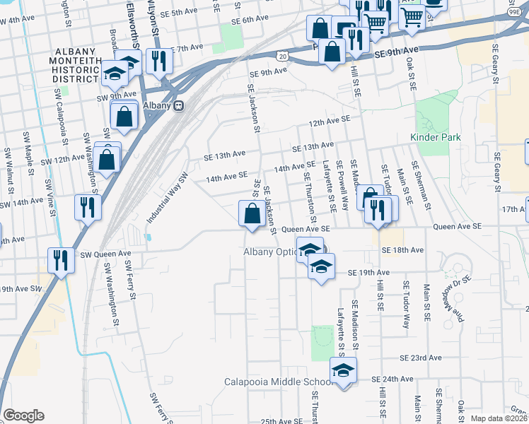 map of restaurants, bars, coffee shops, grocery stores, and more near 1620 Southeast Jackson Street in Albany