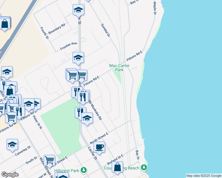 map of restaurants, bars, coffee shops, grocery stores, and more near 406 Harmon Road in Orillia