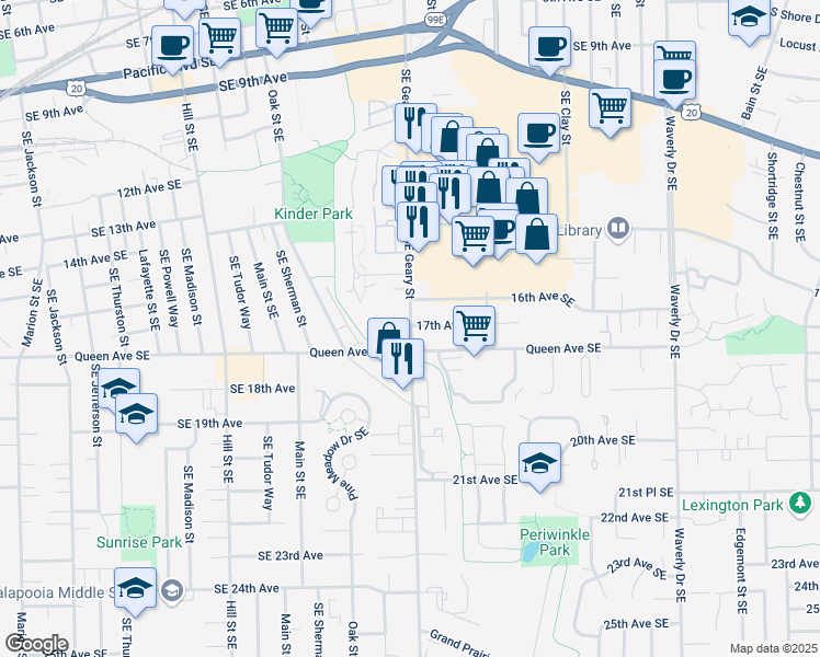 map of restaurants, bars, coffee shops, grocery stores, and more near 1710 Southeast Geary Street in Albany