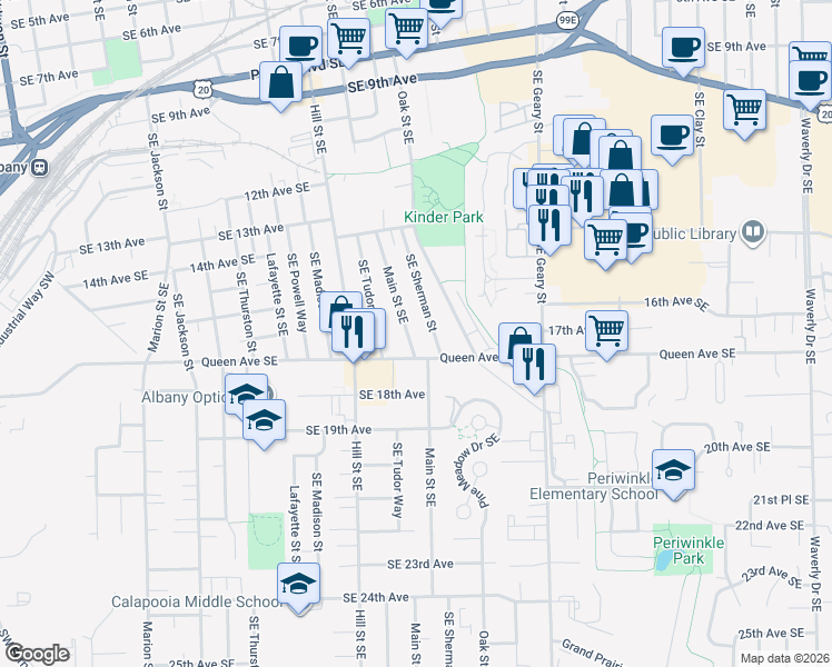 map of restaurants, bars, coffee shops, grocery stores, and more near 1635 Main Street Southeast in Albany