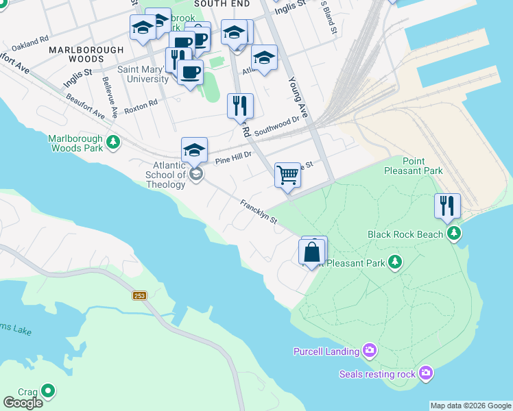 map of restaurants, bars, coffee shops, grocery stores, and more near in Halifax