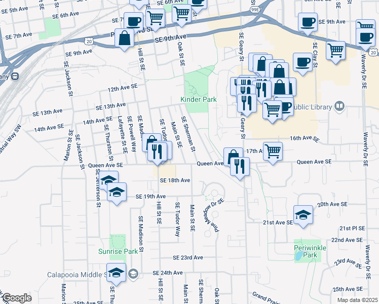 map of restaurants, bars, coffee shops, grocery stores, and more near 1664 Southeast Sherman Street in Albany