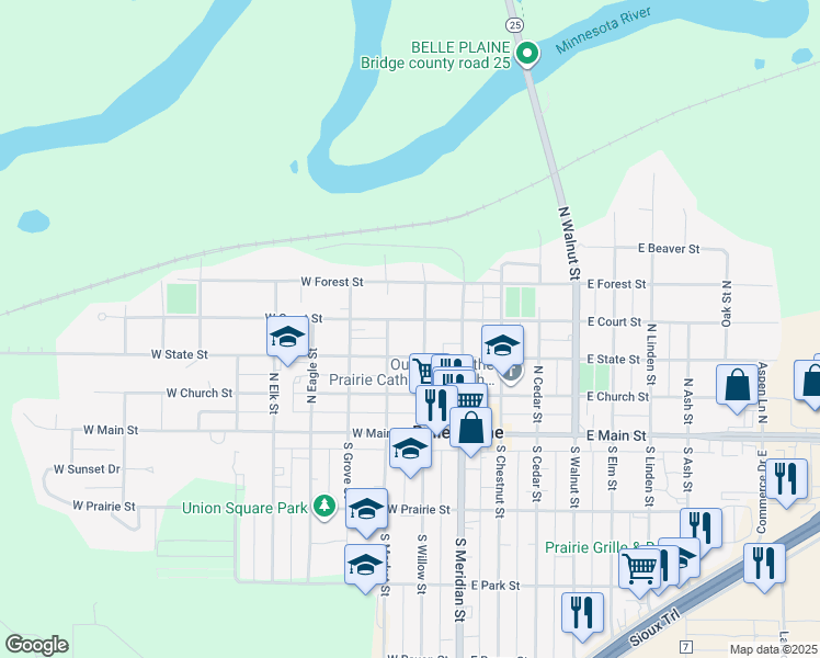 map of restaurants, bars, coffee shops, grocery stores, and more near 200 West Court Street in Belle Plaine
