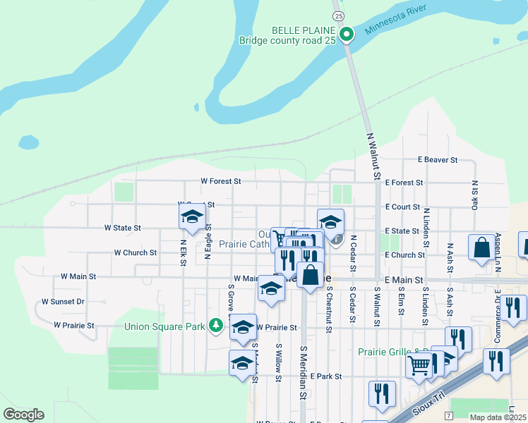 map of restaurants, bars, coffee shops, grocery stores, and more near 200 West Court Street in Belle Plaine
