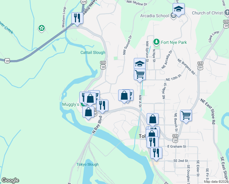 map of restaurants, bars, coffee shops, grocery stores, and more near 532 Northwest Sunset Boulevard in Toledo