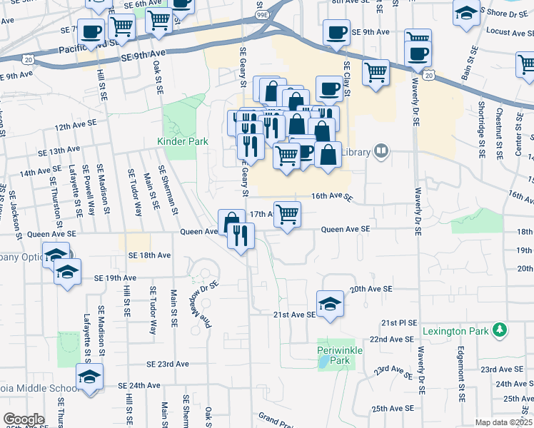 map of restaurants, bars, coffee shops, grocery stores, and more near 1825 17th Avenue Southeast in Albany