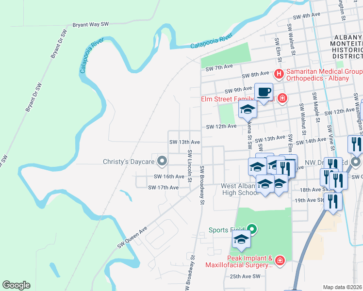map of restaurants, bars, coffee shops, grocery stores, and more near 1725 Southwest 13th Avenue in Albany